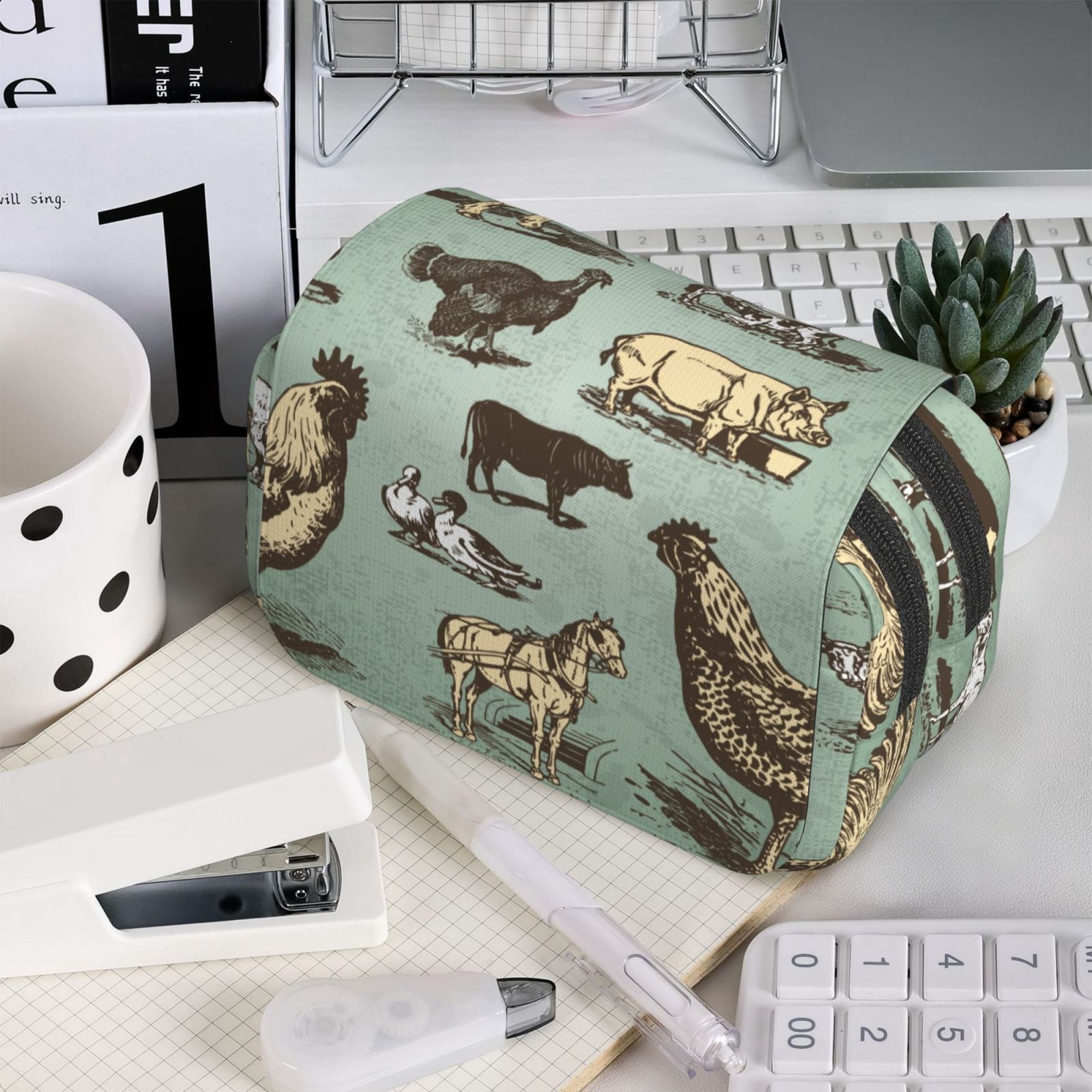 Rateoe Vintage Farm Animals Pattern Double Clamshell Pen Case, Storage Organizer with Two Zipper Compartments– Holds Up to 50 Pencils & Pens