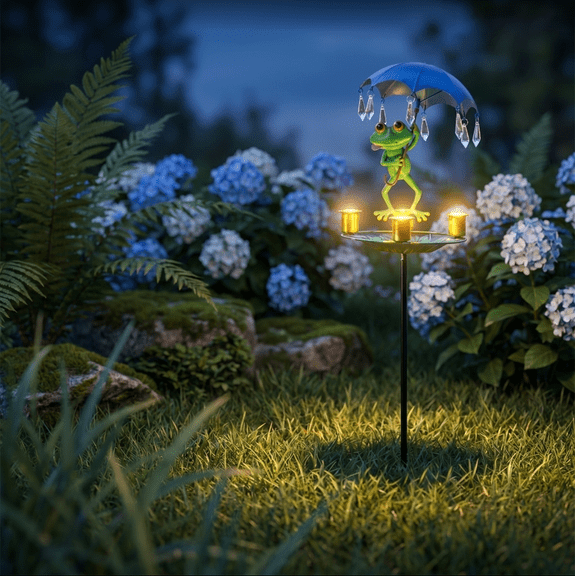 Garden Decor Solar Bird Feeder Frog, Frog Gifts Hummingbird Feeder Decorative Path Lights Yard Art Ornament Bird Feeder,Outdoor Solar Lights Frog Figurine Lights with Umbrella 1pc