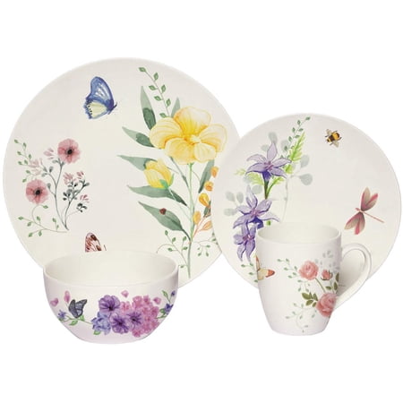 Melange 32-Piece Place Setting Premium Porcelain Dinnerware Set (Butterfly Garden Collection) | Service