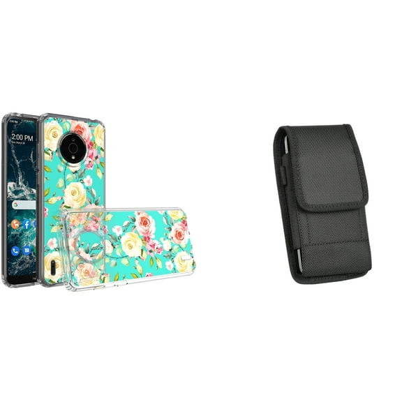 Case and Pouch Bundle for Nokia C200: Slim Series TPU Protector Case (White Pink Flowers on Teal) and Vertical Nylon Belt Holster