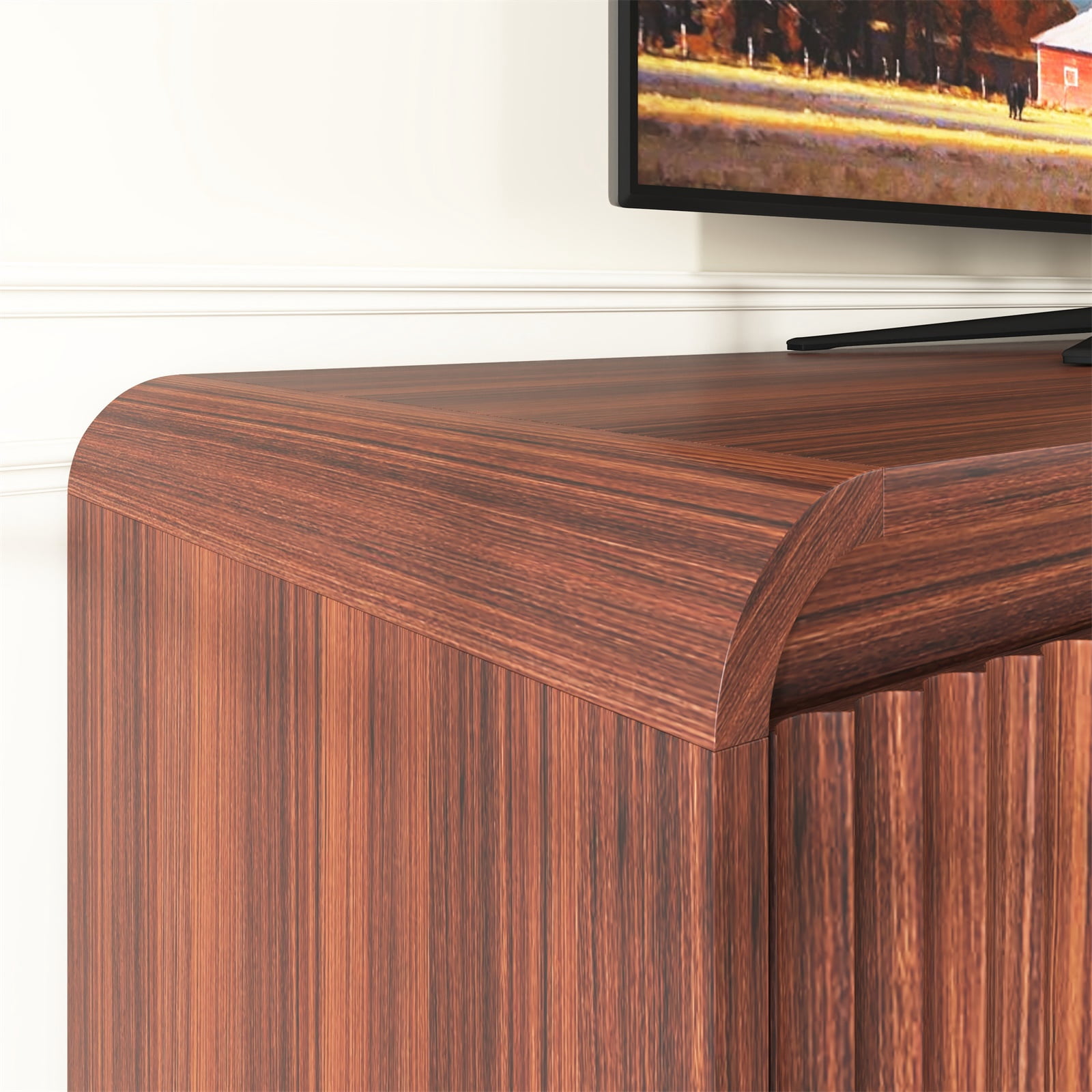 Hommoo Wooden Fluted Sideboard Buffet Cabinet with 4 Doors, Adjustable Shelves & Power Outlet, Multifunctional 3-Tier Storage Cabinet Credenza for Home, Office, Walnut