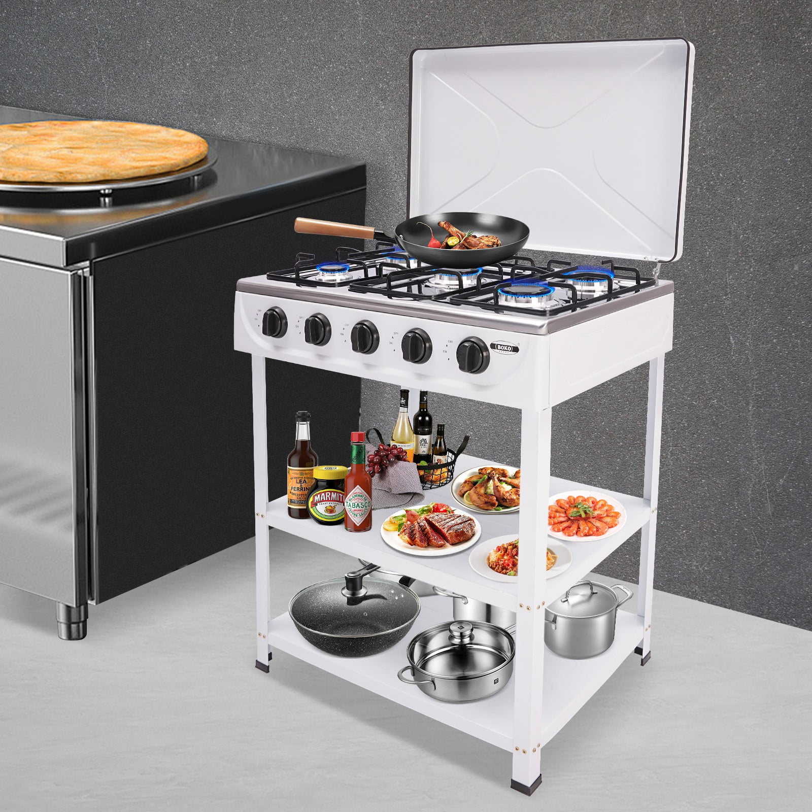 5-Burner Natural Gas Stove with Precise Control, High-Efficiency, Energy-Saving Design, Sturdy Enamel & Aluminum Construction – Includes Placement Boards, Manual Ignition & Windproof Cover