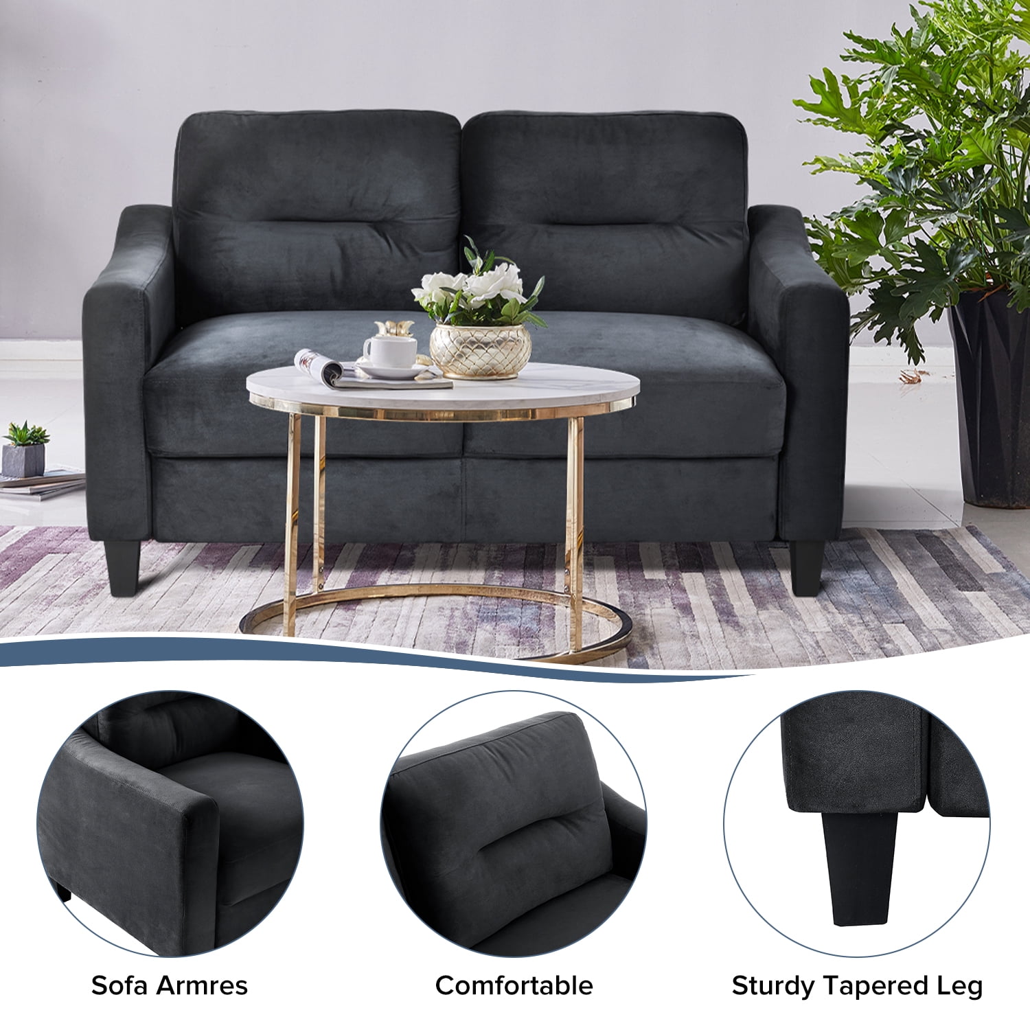 MOONMISS Velvet Loveseat Sofa Couch with Upholstered Cushion for Small Space Living Room Bedroom Office,Black