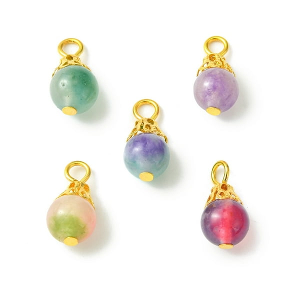 Natural White Jade Dyed Bead Pendants Two Tone Round Charms with Golden Plated Iron Findings Mixed color 16x7.5~8mm Hole: 2.5mm