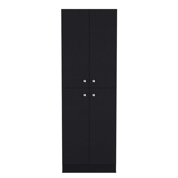 Pantry Cabinet For Kitchen, Black. Rich Storage Space With 3 10.4"h Upper Shelves, 22.3"w X 15.9"h 10.2"d Middle Shelf, 10.4"d Lower Shelf. Four Stylish Doors Metal Handles. Quality Engineered Wood