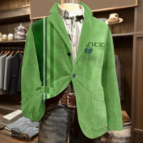 BLTIBY Men's St. Patrick's Day Corduroy Blazer Shamrock Jackets Button Loose Work Lapel Coat with Pockets Green 9 M