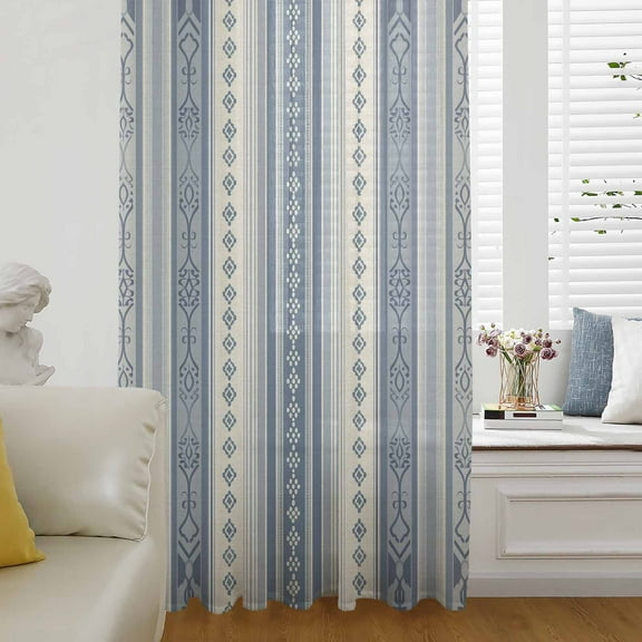 Blue Geometric Semi Sheer Curtains Drapes for Living Room, Bedroom, French Doors Window 96 Inches Long, Modern Abstract Art Vintage Boho Rod Pocket Chiffon Curtain Drapery Voile Draperies Panel