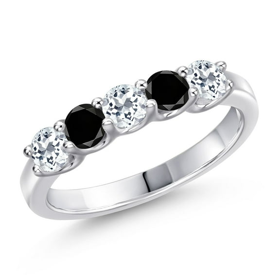 Gem Stone King 925 Sterling Silver White Topaz and Black Diamond Wedding-Bands Ring for Women | 0.99 Cttw | Round 3.5MM | Gemstone November Birthstone | Size 5