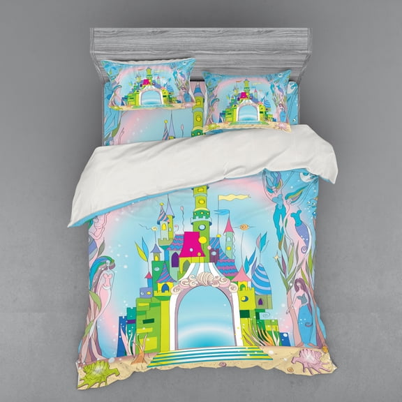 Colorful Duvet Cover Set, Rainbow Toned Castle in the Ocean with Mermaid and Fishes Colorful Composition, Bedding Set with Shams and Fitted Sheet, 3 Sizes, by Ambesonne