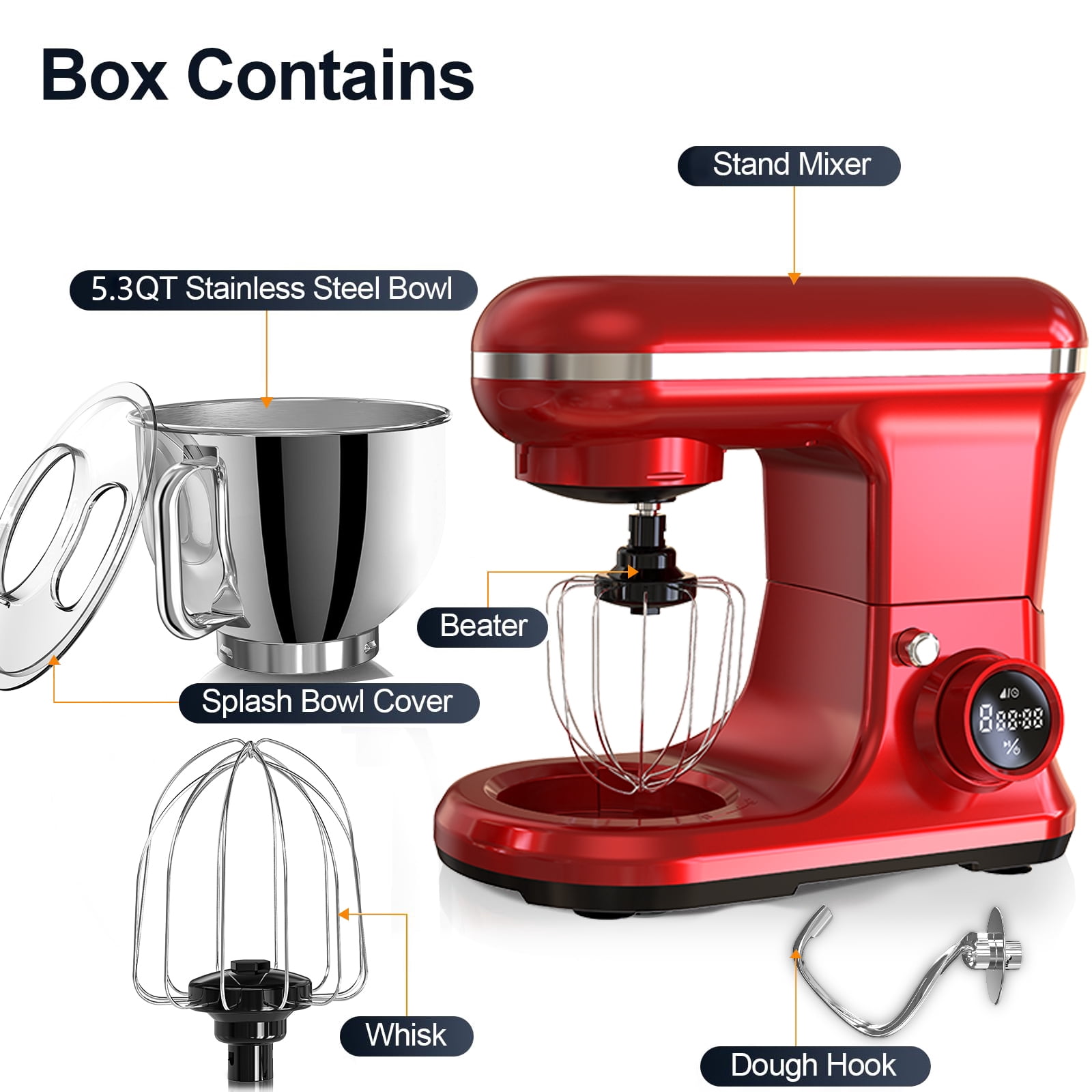 Fenbeli 5.3Qt Stand Mixer,650 W 8 Speeds Kitchen Electric Food Mixer for Daily Use with Egg Whisk,Dough Hook,Flat Beater,Red