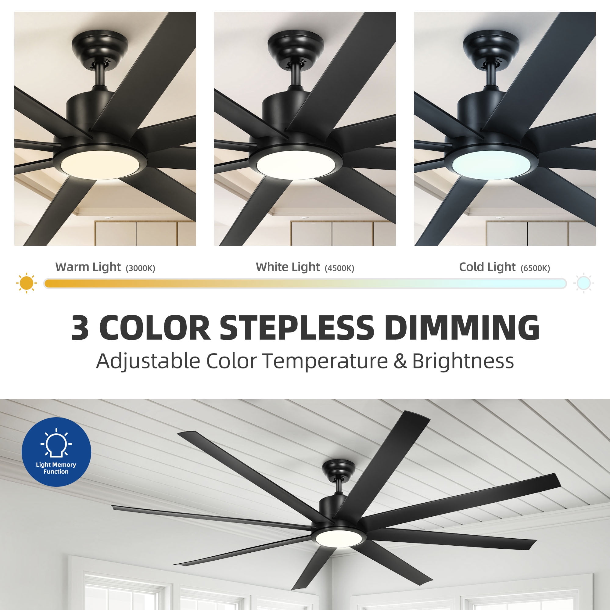 Uforic 72 Inch Black Ceiling Fans with Lights and Remote Control,8 Aluminum Blades with 6 Speed, Modern Ceiling Fans for Living Room,Garage