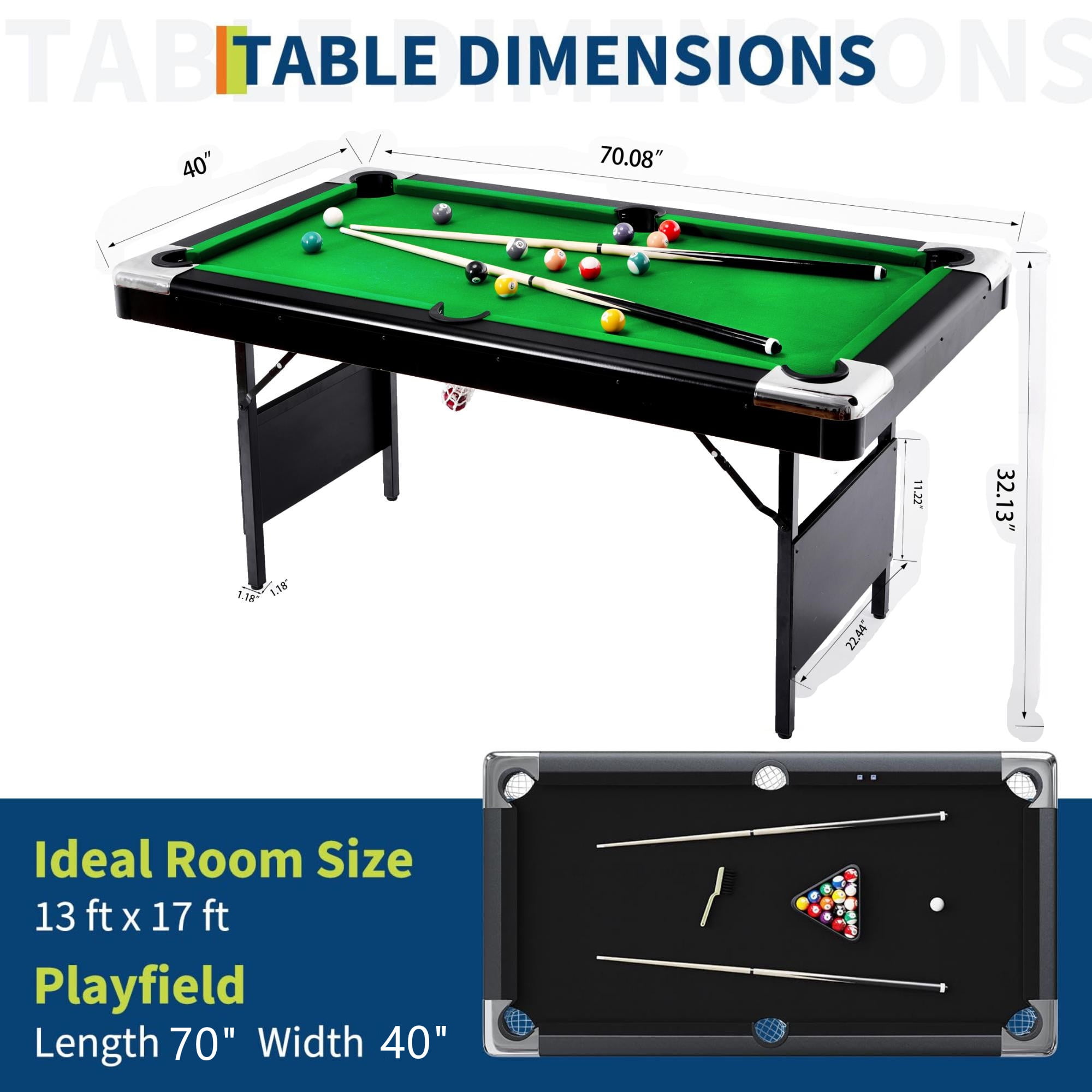 Aukfa 70" Folding Pool Table Portable Billiards Table, No Assembly, Includes Full Set of Balls, 2 Cue Sticks, Chalk and Felt Brush