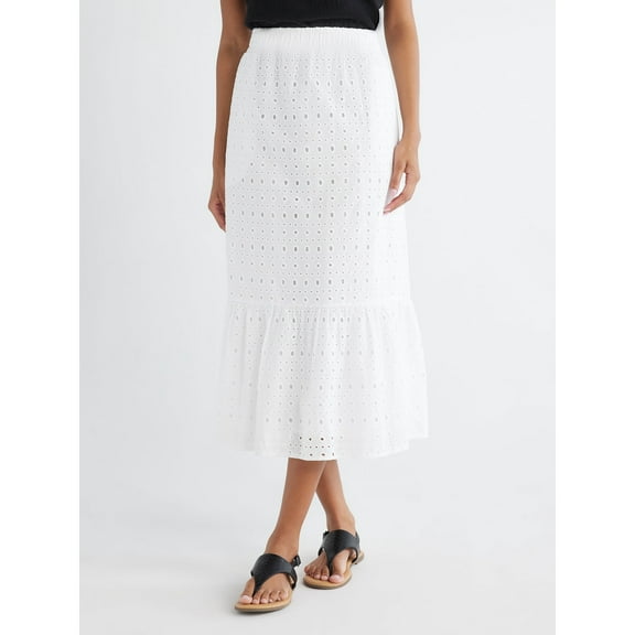 Women's Cotton Eyelet Midi Skirt, Size S White