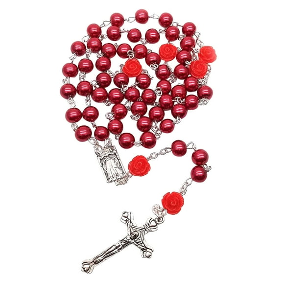 Rosary Necklace Glass Beads Rose Flower Crucifix Charm Clavicle Chain Jewelry Long Necklace Choker