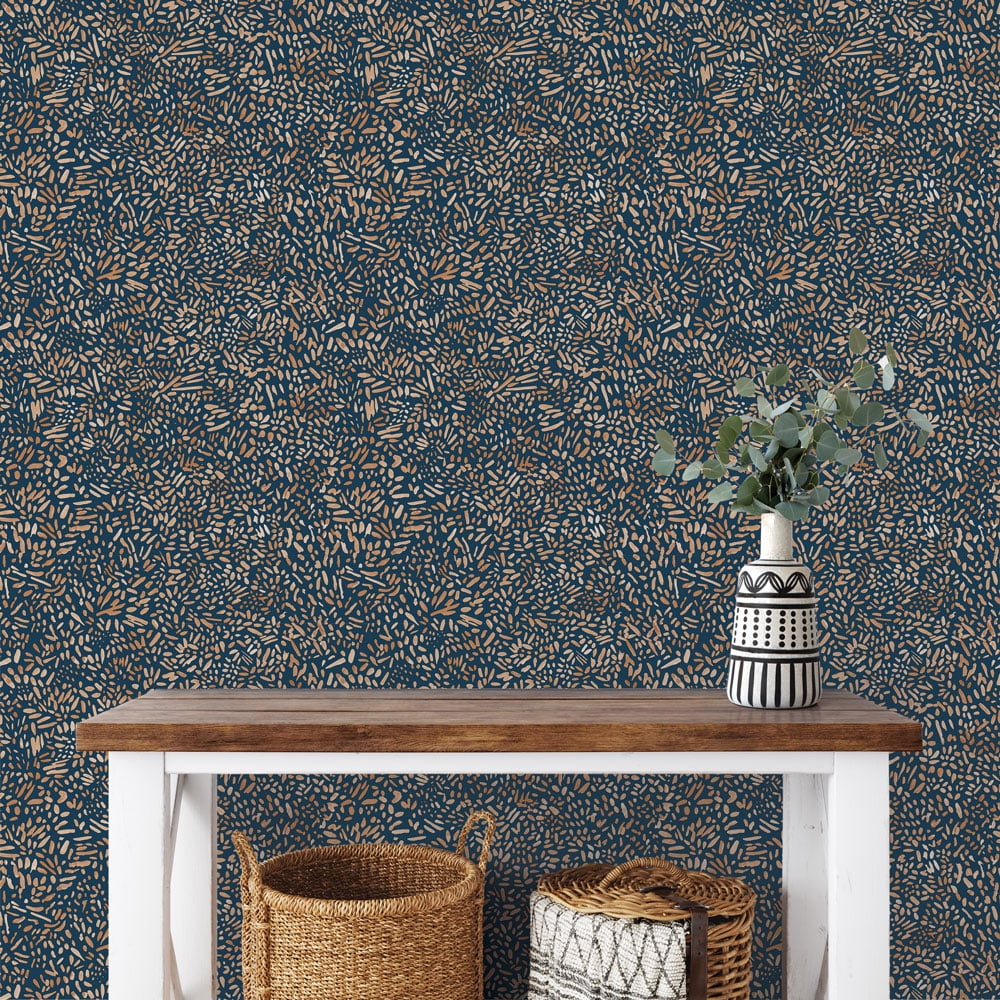 Tempaper Brushstroke Garden Navy Peel and Stick Wallpaper, 20.5" x 16.5'