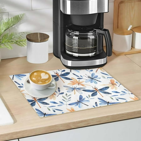 

Watercolor Dragonflies Dish Drying Mat 12 x18 Kitchen Counter Dish Pad Microfiber Absorbent Drainer Rack for Coffee Bar