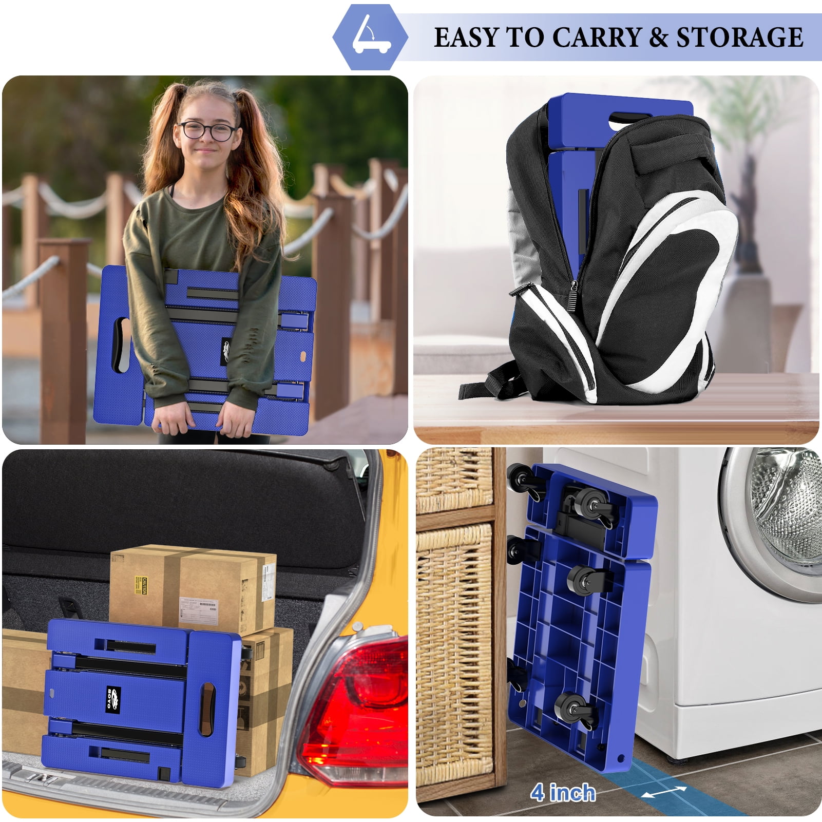 500lbs Folding Hand Truck, Heavy Duty Dolly, Portable 6 Wheels Collapsible Luggage Cart with 2 Elastic Ropes for Moving, Travel, Shopping, House Office Use, Blue