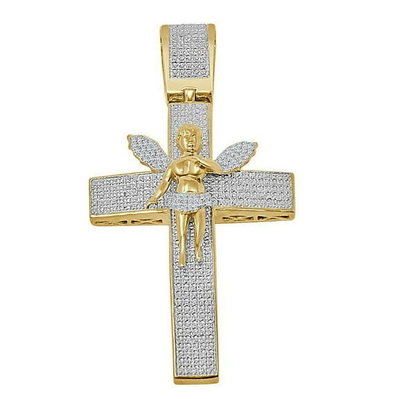 Real Genuine Diamond Jesus Cross Angel Wings Charm 10K Yellow Gold Finish Pendent 2.75''