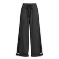 thumbnail image 4 of WULMLEO Womens Wide Leg Linen Pants Summer Boho Flowy Elastic Waist Trousers Baggy Side Slit Fringed Hem Bottoms with Pockets Black M, 4 of 5