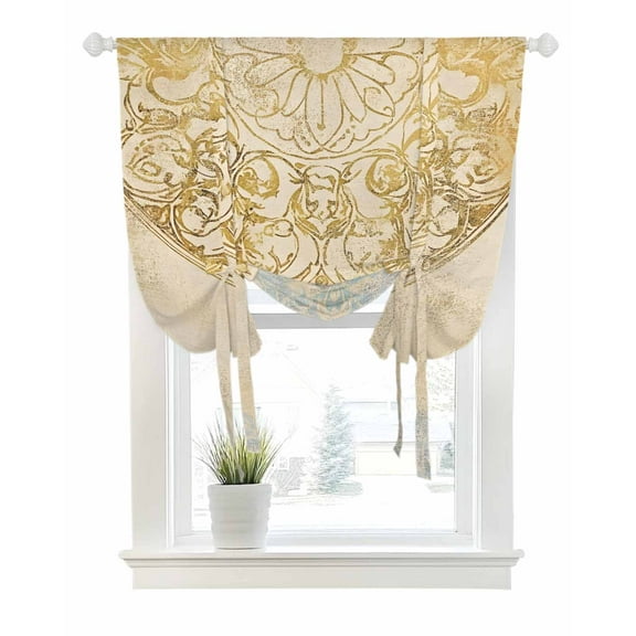 Golden Floral Tie Up Curtains for Window, Thermal Insulated Balloon Shade Adjustable Rod Pocket Curtains Valance Panels for Kitchen Bathroom Cafe 52 x 45 Vintage Smear Abstract Art