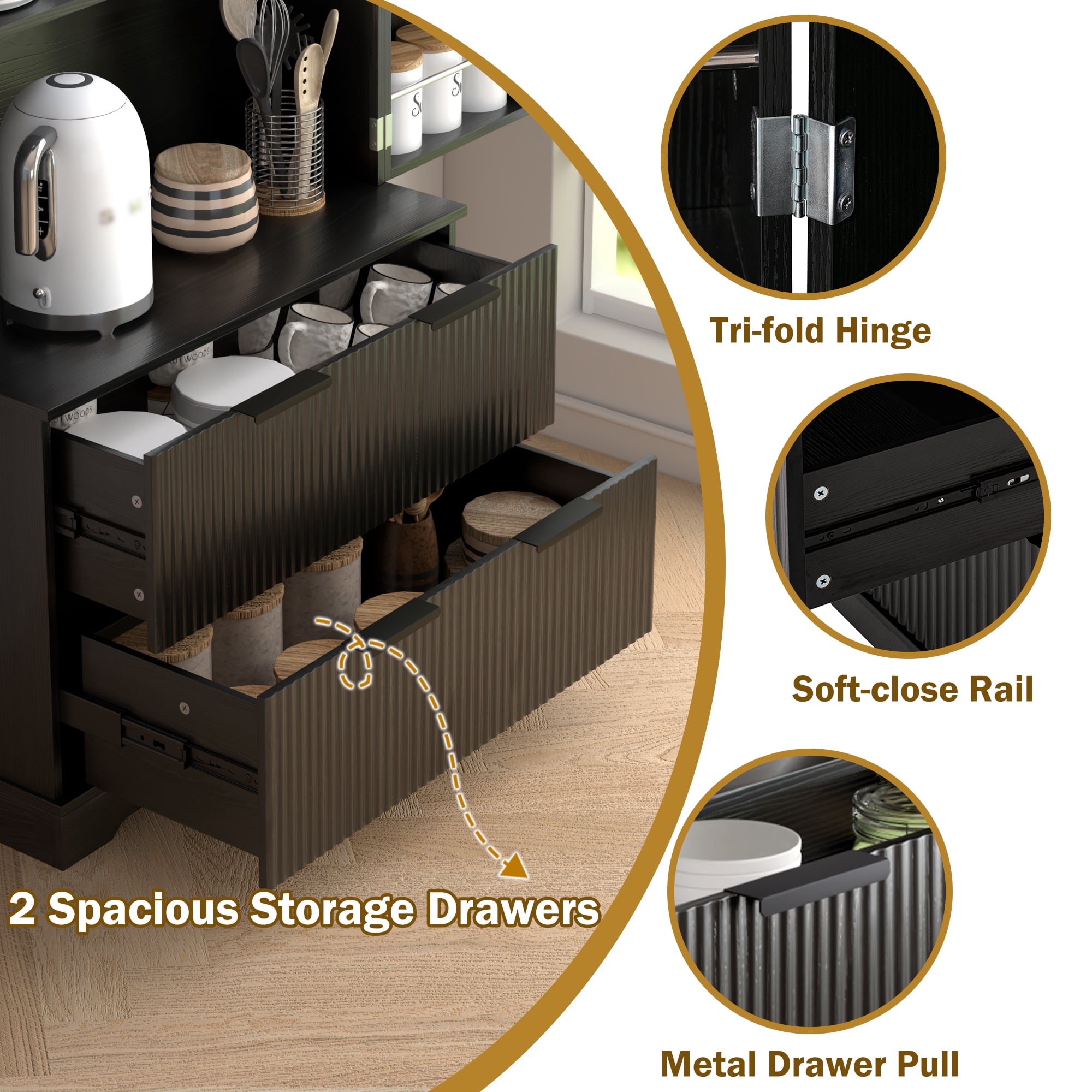 Howcool 72"H Fluted Kitchen Pantry Cabinet,Freestanding Storage Organizer with 2 Large Drawers,8-Door Spice Racks & Adjustable Shelves for Kitchen,Dining Room,Bathroom,Entryway,Black