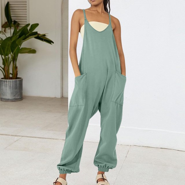 Nuoqisi Women Casual Loose Fitted Solid Long Bib Pants Wide Leg Jumpsuits Baggy Summer Rompers Overalls with Pockets