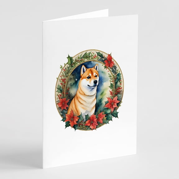 Shiba Inu Christmas Flowers Greeting Cards Pack of 8 7 in x 5 in