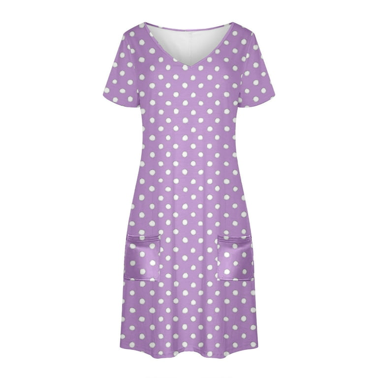 Bmawag Women Dresses Summer Plus Size Short Sleeve V-Neck Casual Polka Dot Midi Shift Dresses Beach Sundresses Purple L, Women's, Size: Large