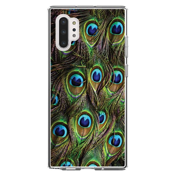DistinctInk Clear Shockproof Hybrid Case for Galaxy Note 10 PLUS (6.8" Screen) - TPU Bumper, Acrylic Back, Tempered Glass Screen Protector - Peacock Feathers - Animal Print