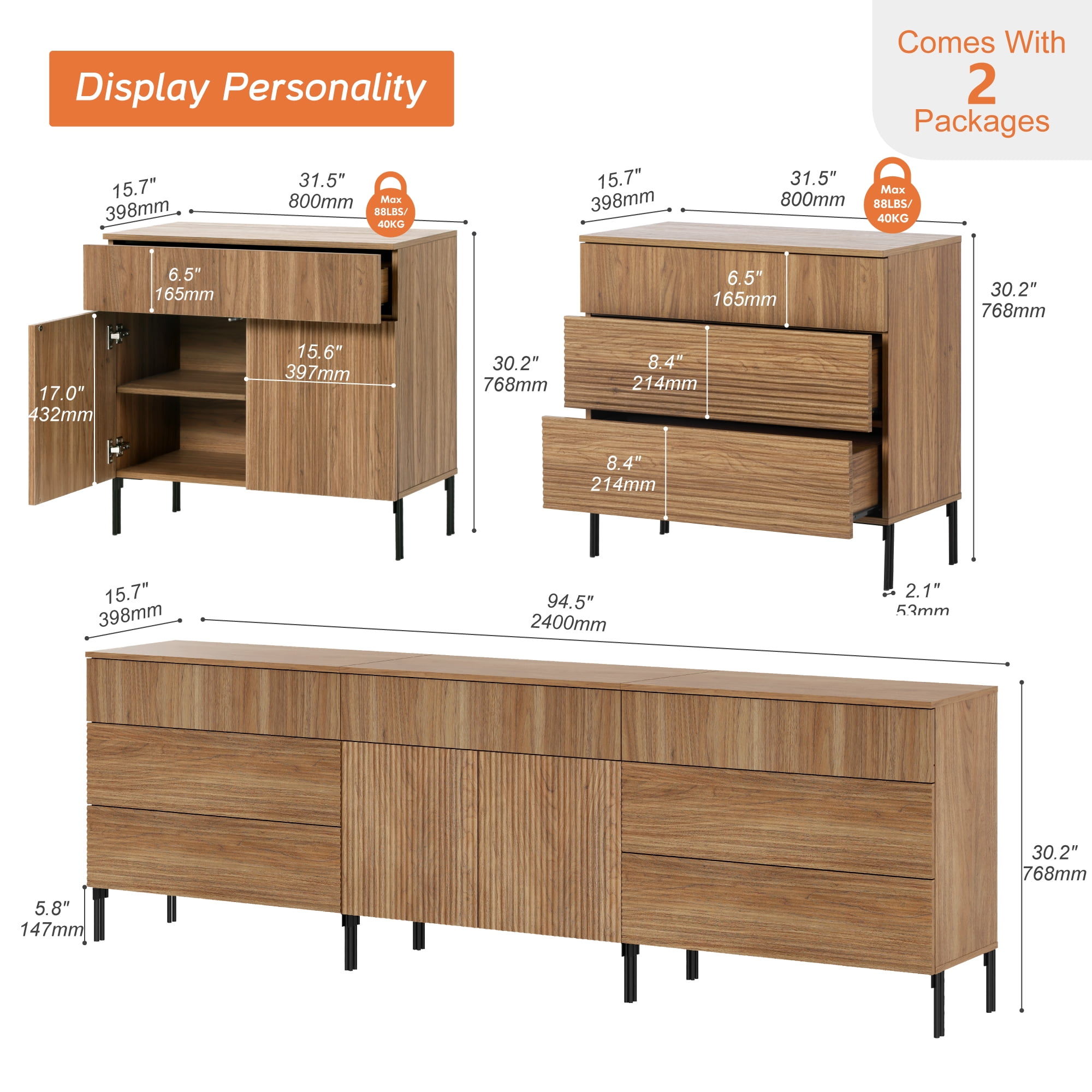 94.5" Reeded Accent Chest Set with Doors and Drawers, Modern Credenza Storage Cabinet with Metal Legs for Living Room, Kitchen, Dining Room, Hallway