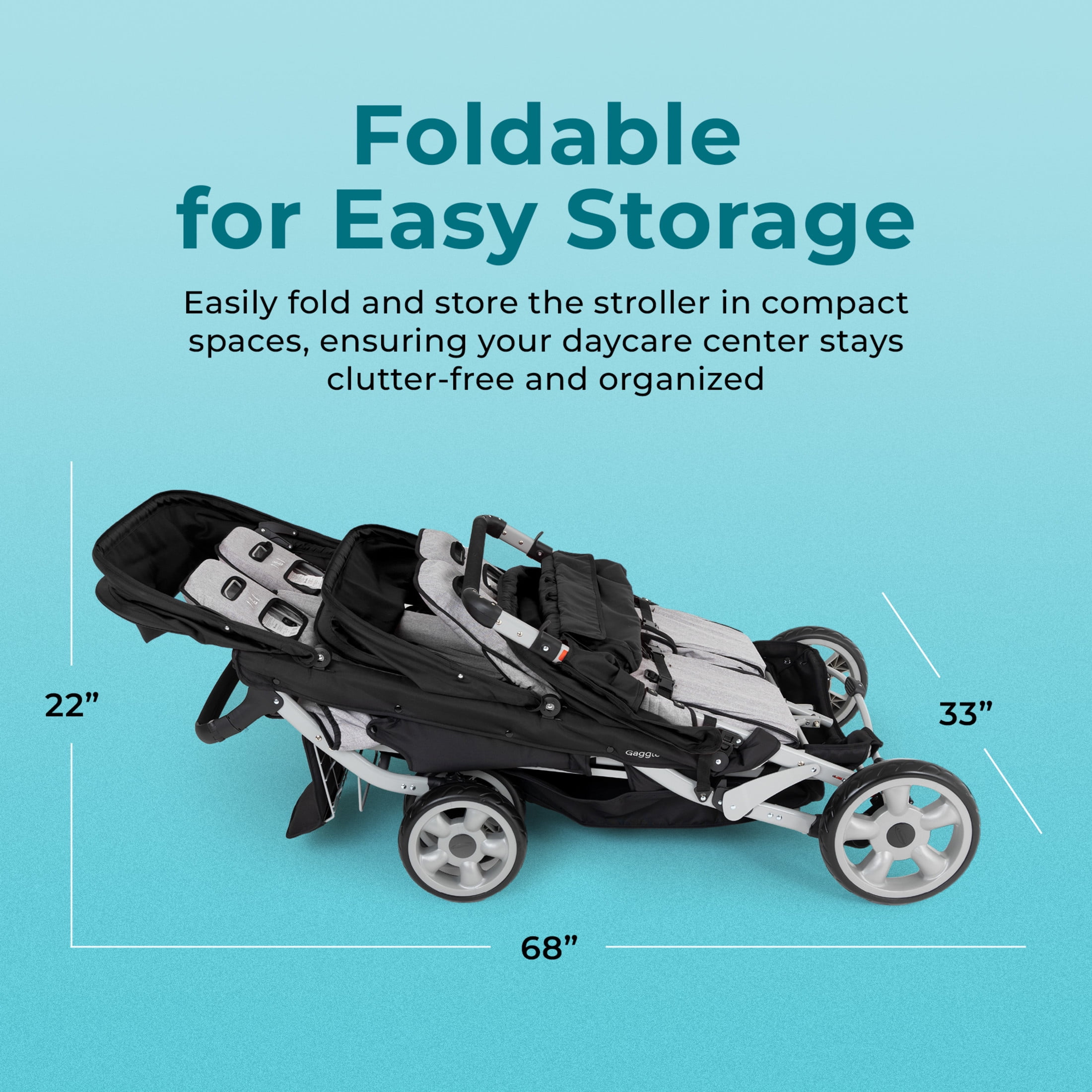 Foundations Gaggle Jamboree 6-Seat Folding Daycare Stroller with Canopies, Reclining Seats, Black