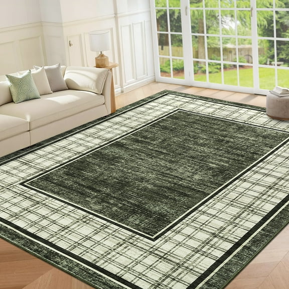 HOMERRY Washable Large Rug for Living Room 8' x 10' Plaid Print Modern Bordered Soft Non-Slip Indoor Carpet, Green