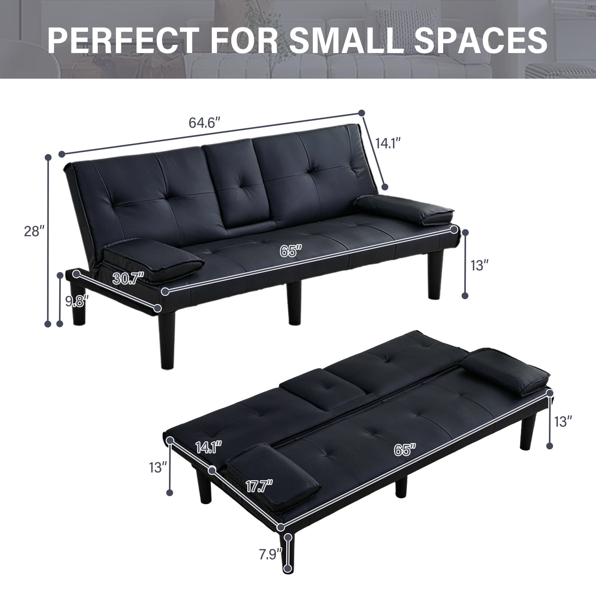 CARZZI LIFE Futon Sofa Bed PU Leather Modern Convertible Futon Couch with Removable Armrests, Cup Holders, Loveseat Sleeper Sofa Bed for Living Room, Apartment, Small Spaces (Black)