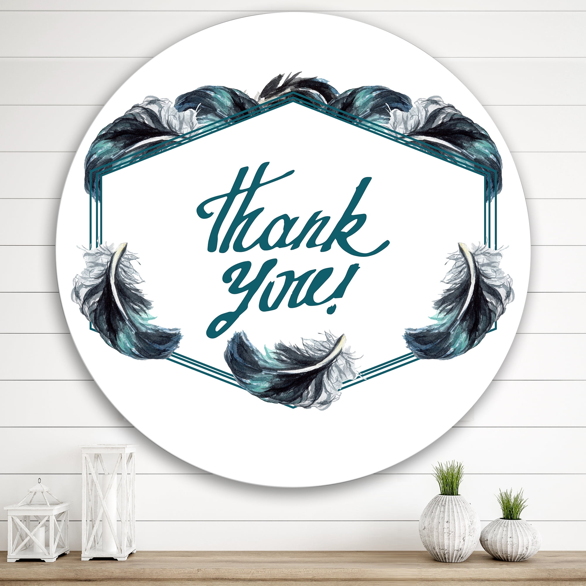Designart 'Black Boho Art Feathers Thank You' Bohemian & Eclectic Circle Metal Wall Art 29x29 - Disc of 29