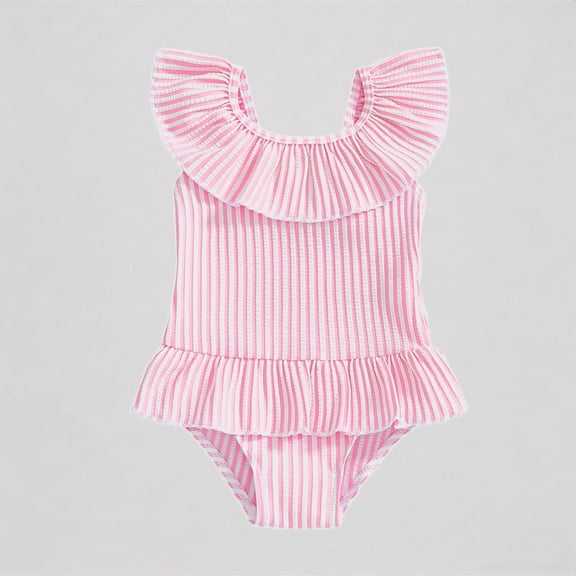 REDARER Girls One-Piece Swimsuit – Striped Design with Ruffled Collar & Layered Trim, Cute Summer Style for Beach Pool Toddler Swimwear,18-24 Months