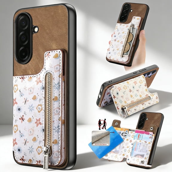 Floral Flower Pattern Zipper Wallet Case for Samsung Galaxy S26 with Card Slots & Kickstand & RFID Blocking, Slim PU Leather Flip Case for Women Girls, Shockproof Magnetic Car Mount Cover, Brown