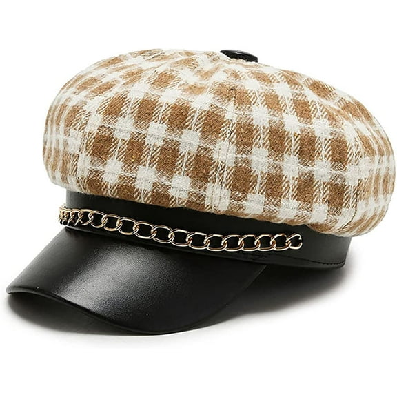CoCopeaunts Plaid Newsboy Cap for Women PU Leather Newsboy Hats Tweed 8 Panels Octagonal Hats with Metal Chain Decoration