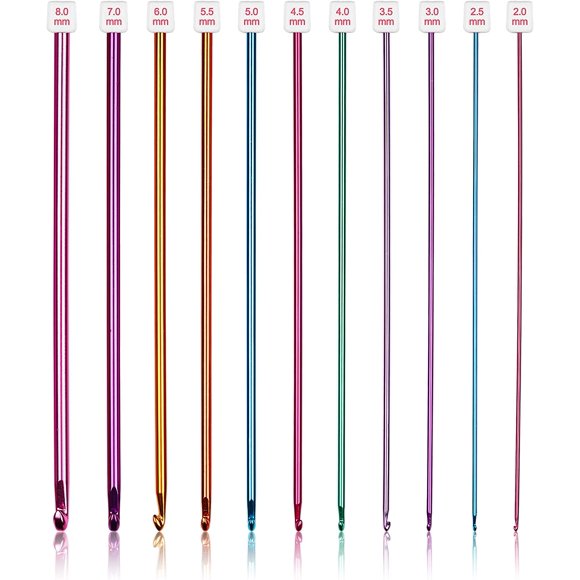 Crochet Hook Set - 11 Pieces - Crochet - Crochet Hooks - Long Crochet Hooks - 2 /2.5 / 3/3.5 /4 /4.5 /5 /5.5 /6 /7 /8 mm - Color - Metal - For beginners, crocheters and knitting enthusiasts