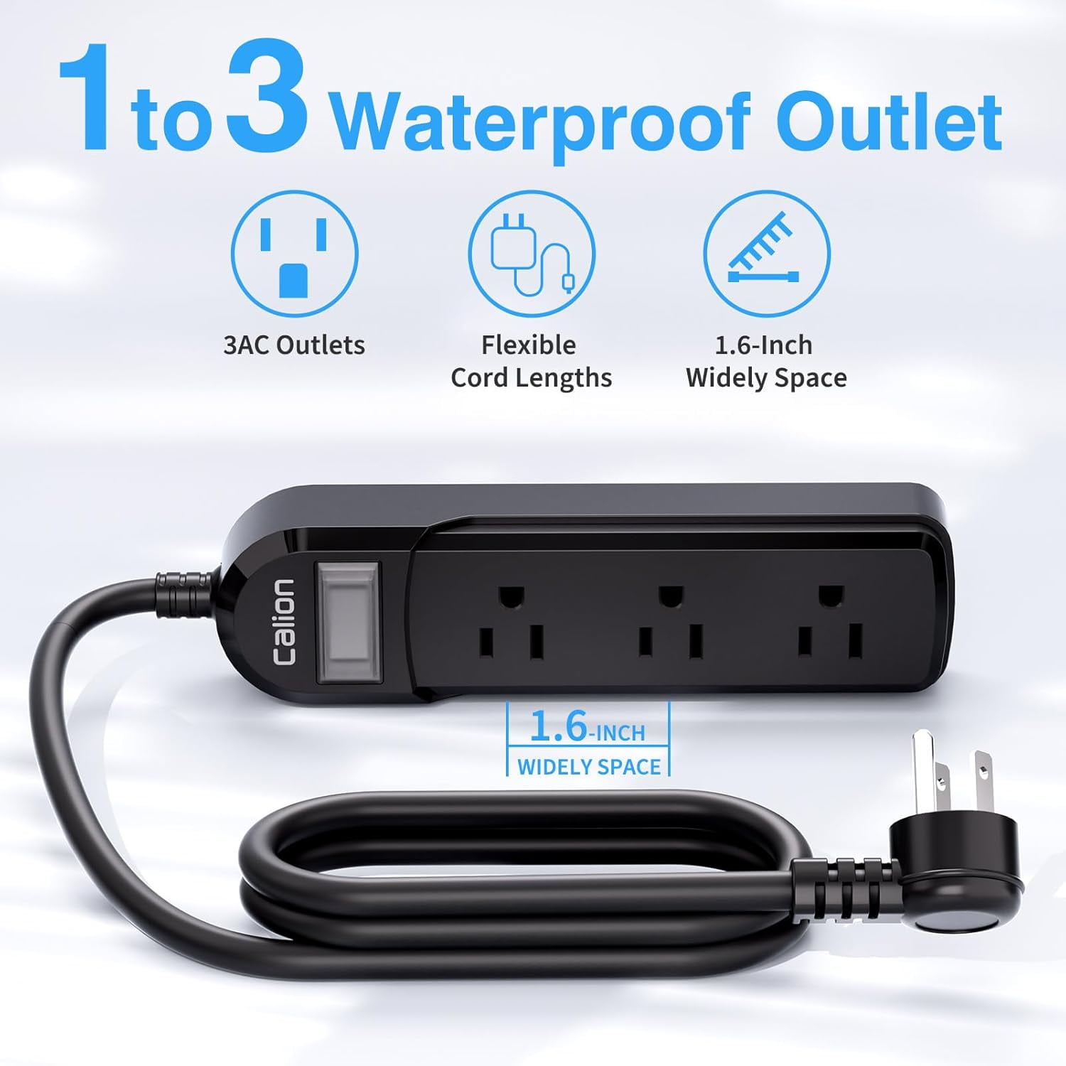RGHJAR-Black Outdoor Power Strip Weatherproof,3 FT Short Waterproof Extension Cord,Surge Protector with 3 Wide Outlets, 16AWG,1875W/15Amps, Shockproof Outlet Extender for Kitchen,Patio,Garden Lightin