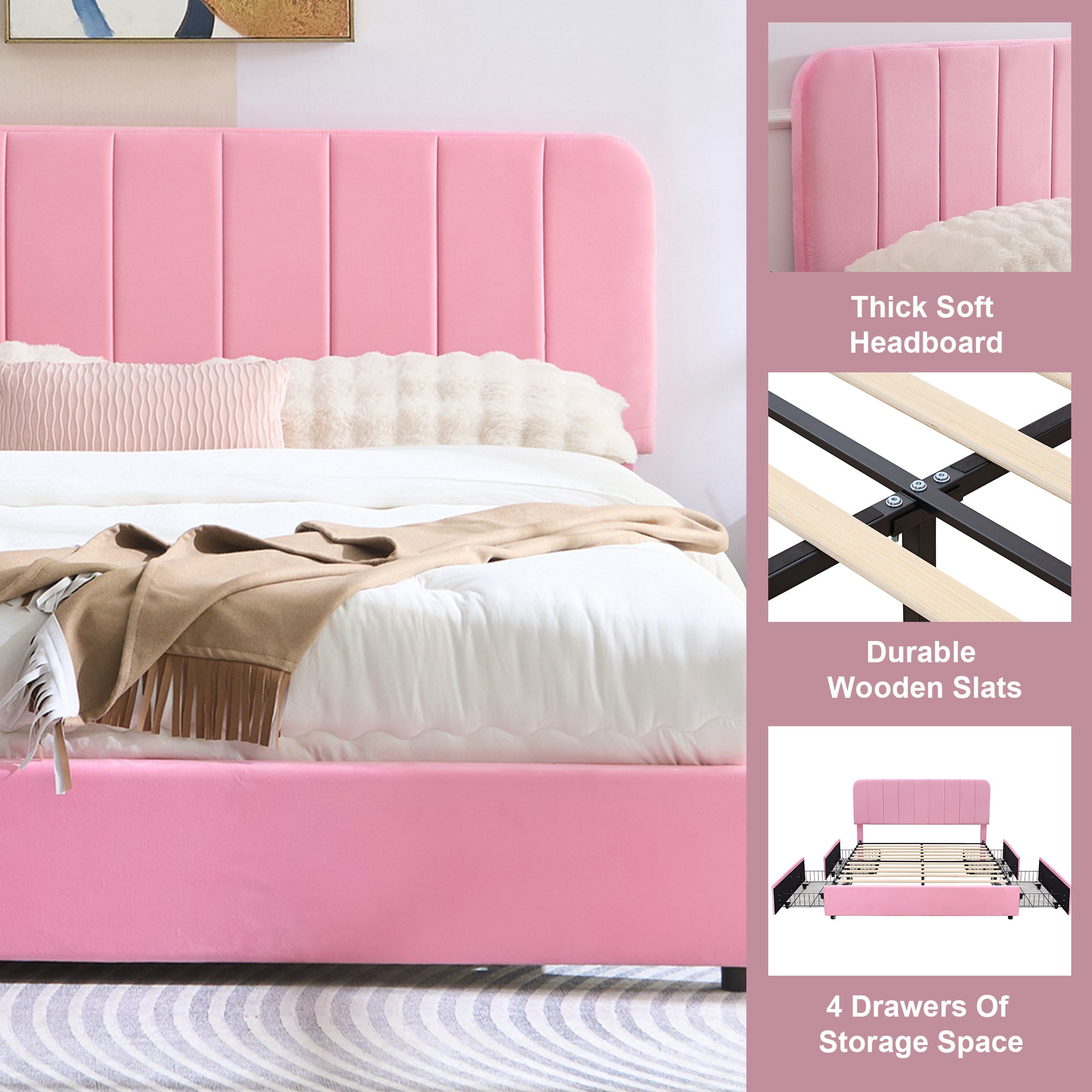 VECELO Full Size Bed Frame with 4 Storage Drawers, Modern Upholstered Platform Bed Frame with Adjustable Headboard, No Box Spring Needed, Pink