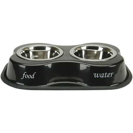 - Bone Shaped Double Diner W/2 1pt Stainless Steel Bowls, Food and Water Print Black