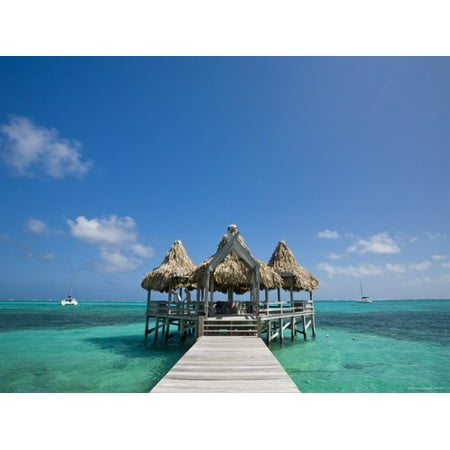 Belize, Ambergris Caye, San Pedro, Ramons Village Resort Pier and Palapa Print Wall Art By Jane