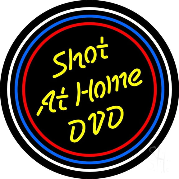 Yellow Shot At Home Dvd LED Neon Sign 18 x 18 - inches, Clear Edge Cut Acrylic Backing, with Dimmer - Bright and Premium built indoor LED Neon Sign for Computer & Electronics store decor.