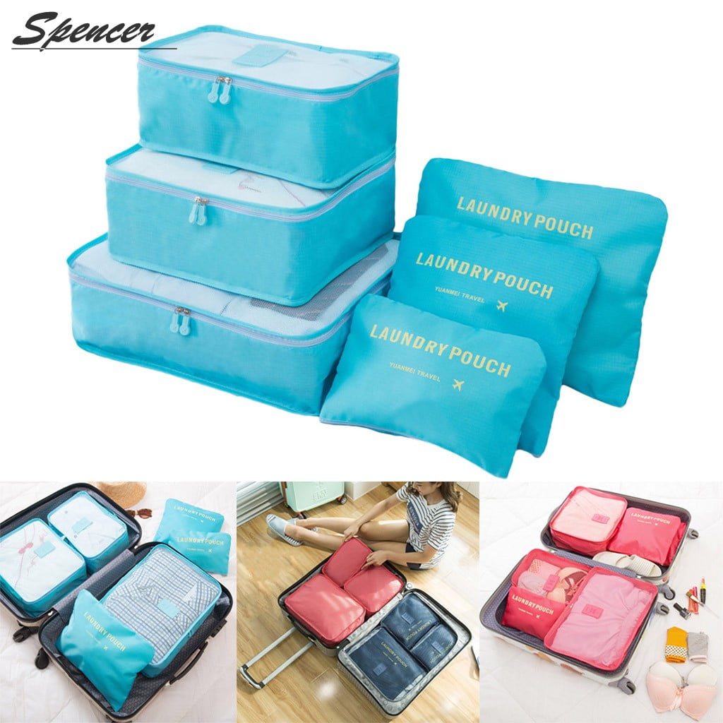 Blue Travel Packing Cubes Set of 6 Organiser Bags. 