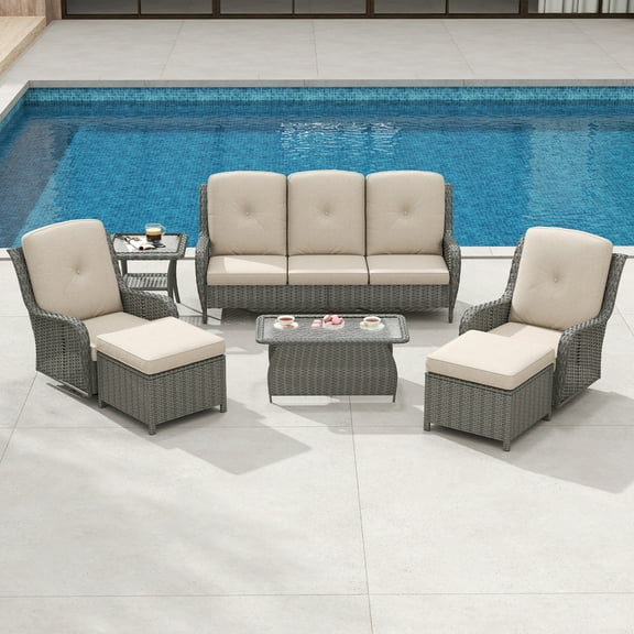 Kinbor Luxury Wicker Patio Furniture Set, 7 Pcs Rattan Outdoor Conversation Set, 2 Swivel Chairs, 2 Ottomans, 3-Seater Sofa, Outdoor Coffee Table and Side Table, Beige