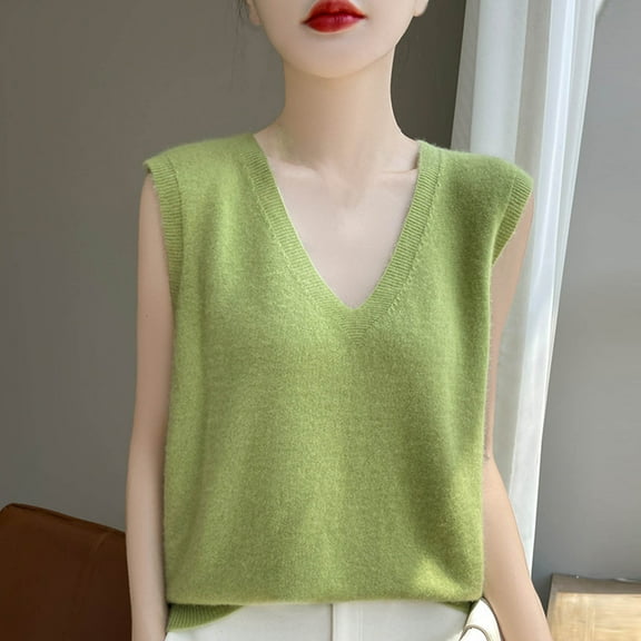 HOMBOM Green Trendy Tops for Women 2025 Cutout Solid Color V-Neck Sleeveless Knitted Vest