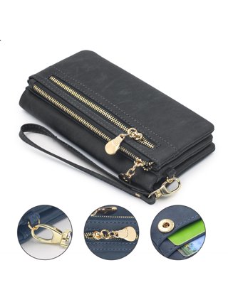 CornerLife Women Vegan Suede Leather Wallet Large Checkbook Clutch Wallet Zipper Around Credit Card Holder Wallets for Women with Snap Closure