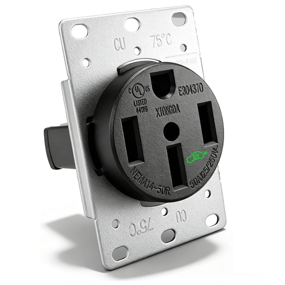 Industrial 50 Amp EV Charger Outlet - NEMA 14-50R Receptacle, Heavy-Duty 3-Pole 4-Wire 125/250V Flush