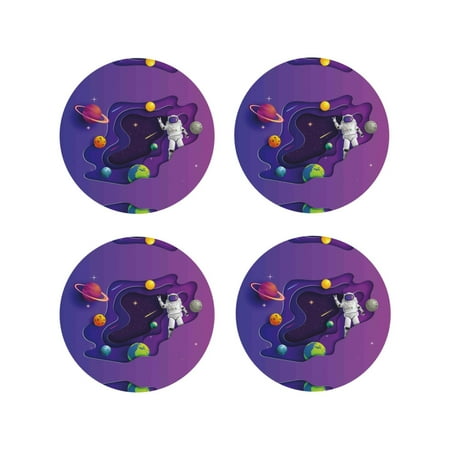 

Leather Coasters Set of 4 - Astronaut on Mission in Outer Space Lightweight Non-Slip Drink Coasters for Desk Anti-Scalding Desk Cup Coasters for Office Table Decor Round Shape