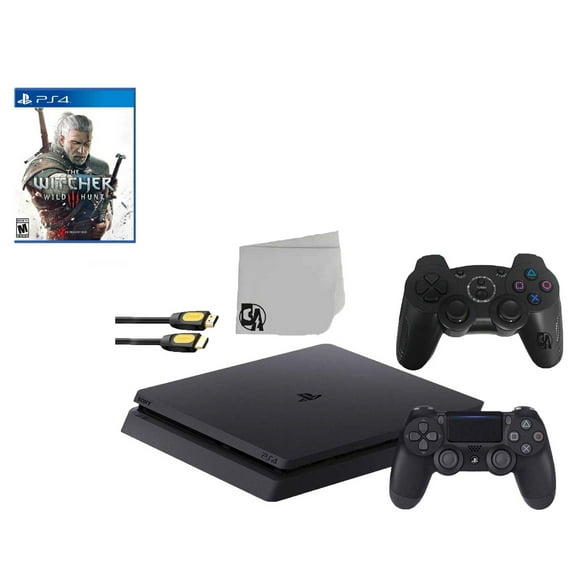 Pre-Owned Sony 2215A PlayStation 4 Slim 500GB Gaming Console Black 2 Controller Included with The Witcher 3 Wild Hunt Game BOLT AXTION Bundle Lke New